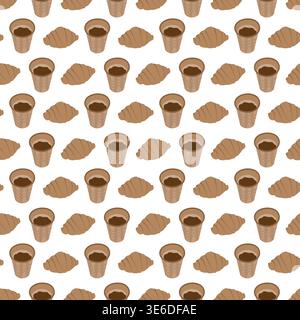 France croissant and disposable cup with coffee Seamless pattern National Croissant Day Background. Isolated Vector illustration bakery menu backdrop, delivery, print or promo minimalistic flat design Stock Vector