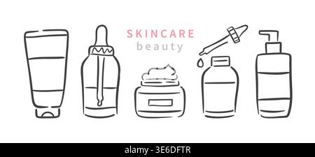 Full skincare product set in clean outline style Stock Vector