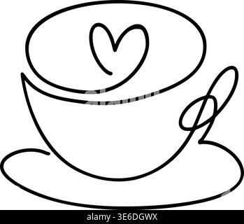 Minimalist black and white vector valentine continuous line art illustrating a steaming coffee cup with a heart design, conveying warmth and passion Stock Vector