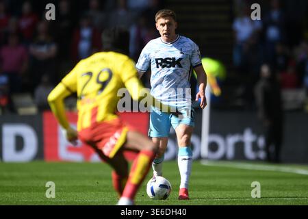 Watford, England. 6th Apr 2026. Kevin Keben and Jayden Fevrier during ...