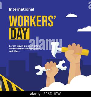 International Workers Day greetings with two raised hands gripping tools set against a backdrop of blue city silhouettes. Stock Vector