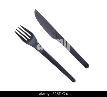 Plastic set of disposable fork and knife isolated on white. Top view. Stock Photo