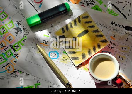 Calendar with business appointments and deadlines,pens coffee and paperwork on messy workplace. Business concept beat the clock, overworked, stress. Stock Photo