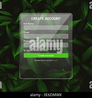 A modern signup interface using glassmorphism layered over a natural background. The semi-transparent form creates a fresh, eco-friendly feel while ma Stock Vector