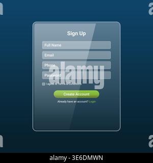 A stylish signup screen combining glassmorphism with a portrait-based background. The blurred overlay ensures readability while adding a personal and Stock Vector