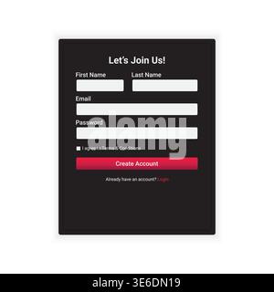 A striking dark interface combined with a bold red call-to-action button. This design creates a strong visual impact and is perfect for platforms aimi Stock Vector