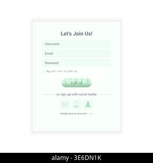 A clean signup UI featuring soft green pastel tones. The calming color palette provides a friendly and relaxing user experience, suitable for lifestyl Stock Vector