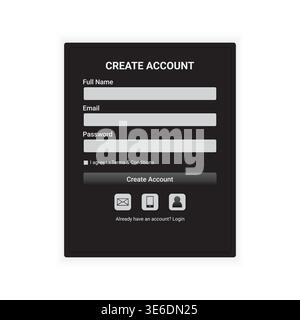 A sleek and elegant dark-themed signup form with a minimal layout. High contrast elements help users focus on essential inputs, making it ideal for mo Stock Vector