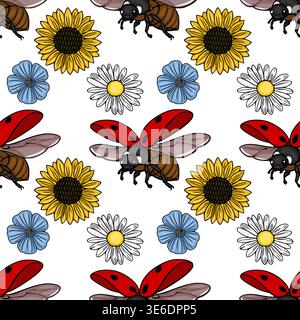 Seamless vector pattern with flying ladybugs, sunflowers, daisies, and blue flowers on white background Stock Vector