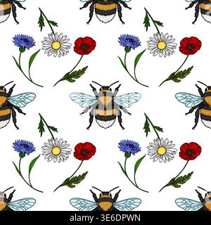 Seamless vector pattern of bumblebees, poppies, cornflowers, and daisies on a white background Stock Vector