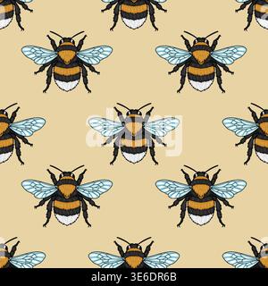 Seamless vector pattern of cute bumblebees with translucent wings on a soft beige background. Stock Vector