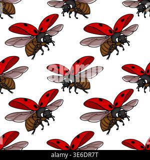 Seamless vector pattern of cute ladybugs with open wings, flying insects illustration Stock Vector