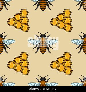 Seamless vector pattern of cute cartoon bees and honeycombs on a beige background. Stock Vector