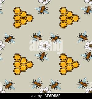 Seamless vector pattern of cute bees and honeycomb cells with delicate white flowers, perfect for surface design Stock Vector