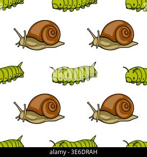 Seamless vector pattern of cute cartoon snails and green caterpillars on a white background Stock Vector