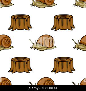 Seamless vector pattern of cute snails and tree stumps, perfect for children's illustrations and nature-themed designs. Stock Vector