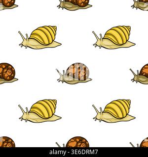 Seamless pattern of cute cartoon snails with yellow and brown shells, vector illustration Stock Vector