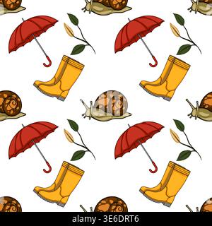 Whimsical seamless pattern vector with cute snails, red umbrellas, and yellow rubber boots for autumn rain. Stock Vector