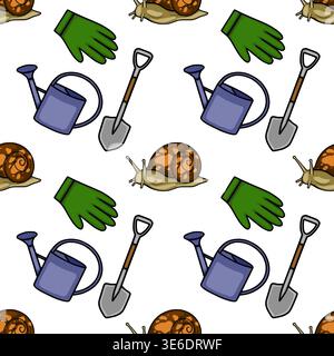 Seamless vector pattern of garden tools and snails, playful illustration for textile and wrapping paper Stock Vector