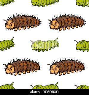 Cute seamless vector pattern of fuzzy brown and bright green caterpillars on white background Stock Vector