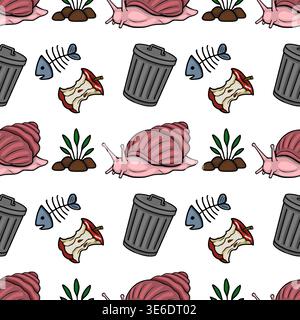Whimsical vector pattern of snails, trash cans, apple cores, and fish bones Stock Vector