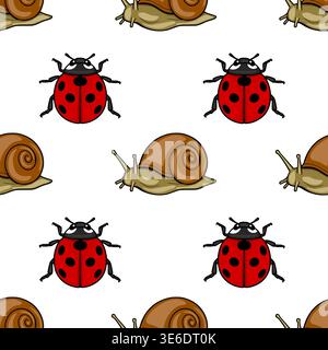 Cute cartoon vector seamless pattern of ladybugs and snails on a white background Stock Vector