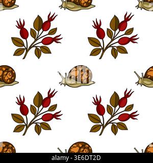 Seamless vector pattern of cute snails and rosehip branches, autumn botanical illustration Stock Vector