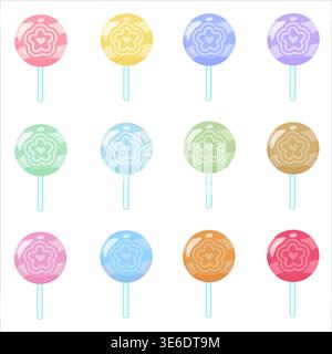 Colorful lollipop candy vector set with 12 different colors in flat style. Sweet round candy collection perfect for branding, packaging, stickers, ico Stock Vector