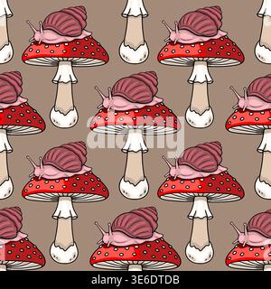 Whimsical seamless pattern vector with cute snails on red and white spotted mushrooms Stock Vector