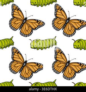 Seamless vector pattern of monarch butterflies and green caterpillars on white background Stock Vector