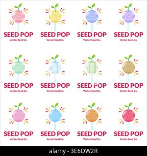 Colorful seed pop candy vector set with sprout leaves in flat style. Cute lollipop illustration collection, perfect for branding, packaging, stickers, Stock Vector