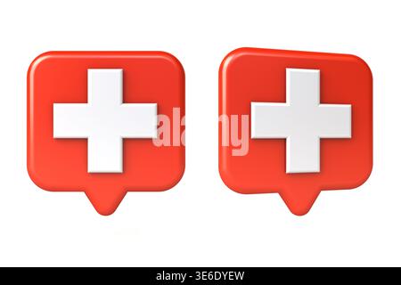 Medical cross or white plus sign in red rounded square speech bubble pin isolated on white background 3D rendering Stock Photo