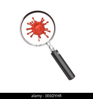 Magnifying Glass look through virus isolated on white background 3D rendering Stock Photo