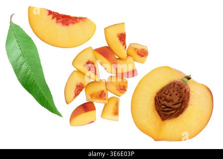 ripe peach pieces isolated on white background. Top view. Flat lay Stock Photo