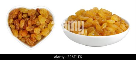 Yellow Raisins in ceramic bowl isolated on white background. Top view. Flat lay Stock Photo