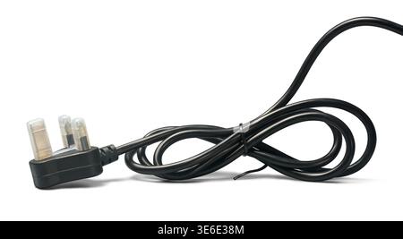 black coiled power cable with 3 pin plug and clear plastic pin safety cover isolated white background, side view with shadow Stock Photo