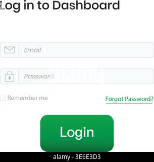 Contemporary login interface with strong green call-to-action button, email and password fields, and clean layout. Great for fintech, eco-tech platfor Stock Vector