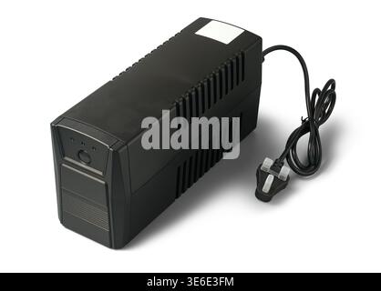 black ups unit with coiled power cable isolated white background, top view of uninterrupted power supply unit with shadow Stock Photo