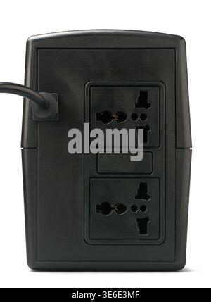 back view of black ups with two universal power sockets isolated white background, rear view of uninterrupted power supply unit Stock Photo