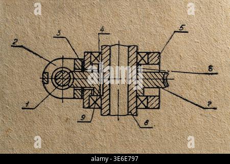 Vintage blueprint illustration of a mechanical joint and bearing assembly on textured paper. Ideal for engineering, history, and industrial design pro Stock Photo