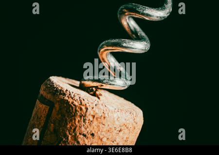 Macro shot of metal spiral corkscrew twisting into natural wooden wine cork on dark background. Perfect for restaurant, winery, or celebration themes. Stock Photo