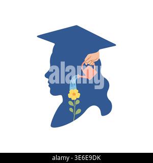 Student head profile with mortarboard hat, hand watering a growing flower, concept of personal growth and mental care. Stock Vector