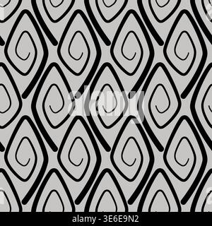 Seamless geometric pattern with rhombuses. Stylized ethnic ornament vector illustration. Black spirals curl on gray background Stock Vector