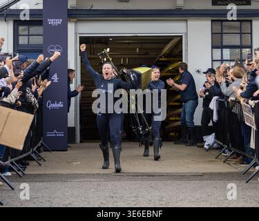 Oxford University boat race womens rowers carrying skull boat to river ...