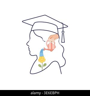 Minimalist line art illustration of a student head, nurturing a flower inside the mind, education and mental growth concept. Stock Vector