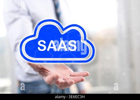 Saas concept above the hand of a man in background Stock Photo