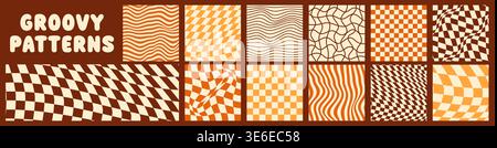 Groovy psychedelic checkerboard color patterns. Retro abstract aesthetic square prints. Stock Vector