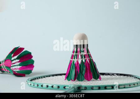 Colorful badminton shuttlecock standing on racket close up. Concept of sport equipment, training detail and game preparation. Stock Photo