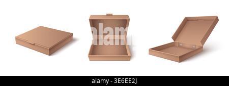 Open and closed cardboard pizza box mockup, 3D realistic vector illustrations. Brown empty carton package, square blank template for pizzeria branding, food delivery service, take away packaging Stock Vector