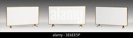 LCD display with sleek golden frame isolated on transparent background. Vector realistic illustration of modern TV mockup, LED monitors with blank space for digital presentations and advertising Stock Vector